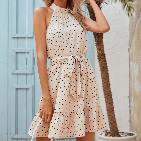 boho polka dot belted ruffle hem halter mini dress - Picture 8 of 12